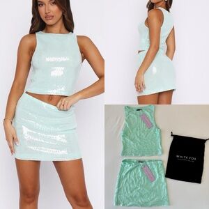 White Fox Mint Sequin Crop Top and Skirt Set